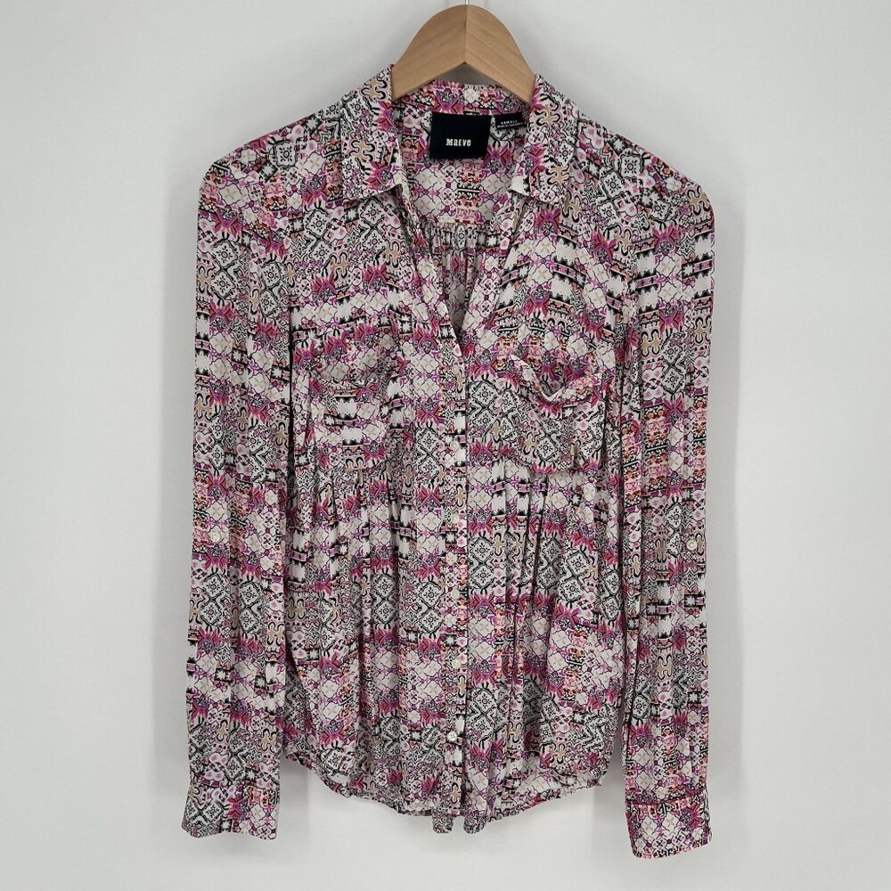 Maeve Womens Abstract Print Button Front Blouse Size XS Pink Floral Long Sleeve